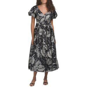 TERI JON Silk And Linen Blend V-neck Puff Sleeves Pleated Skirt Dress